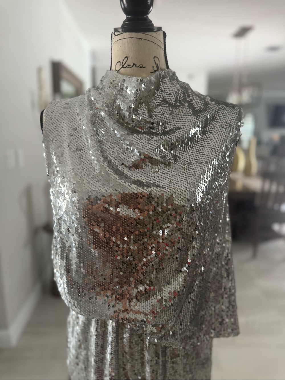 TCEC Silver Sequin Draped Evening Dress with Rose Gold Accents